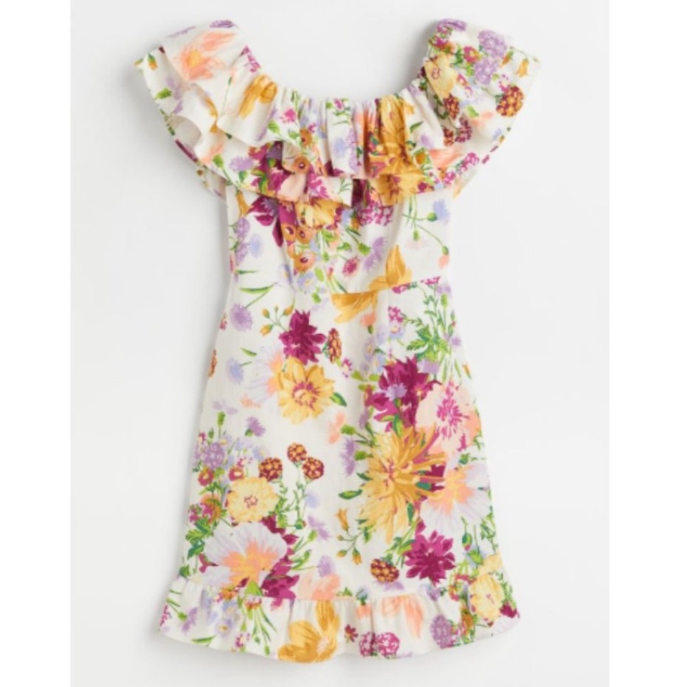 NEW! H&M Flounced Off-the-Shoulder Floral White
Linen Dress, Size Small NWT